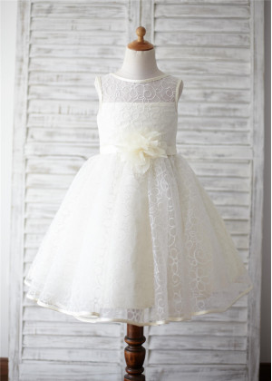 Ivory Organza Lace Flower Girl Dress With Flower Sash